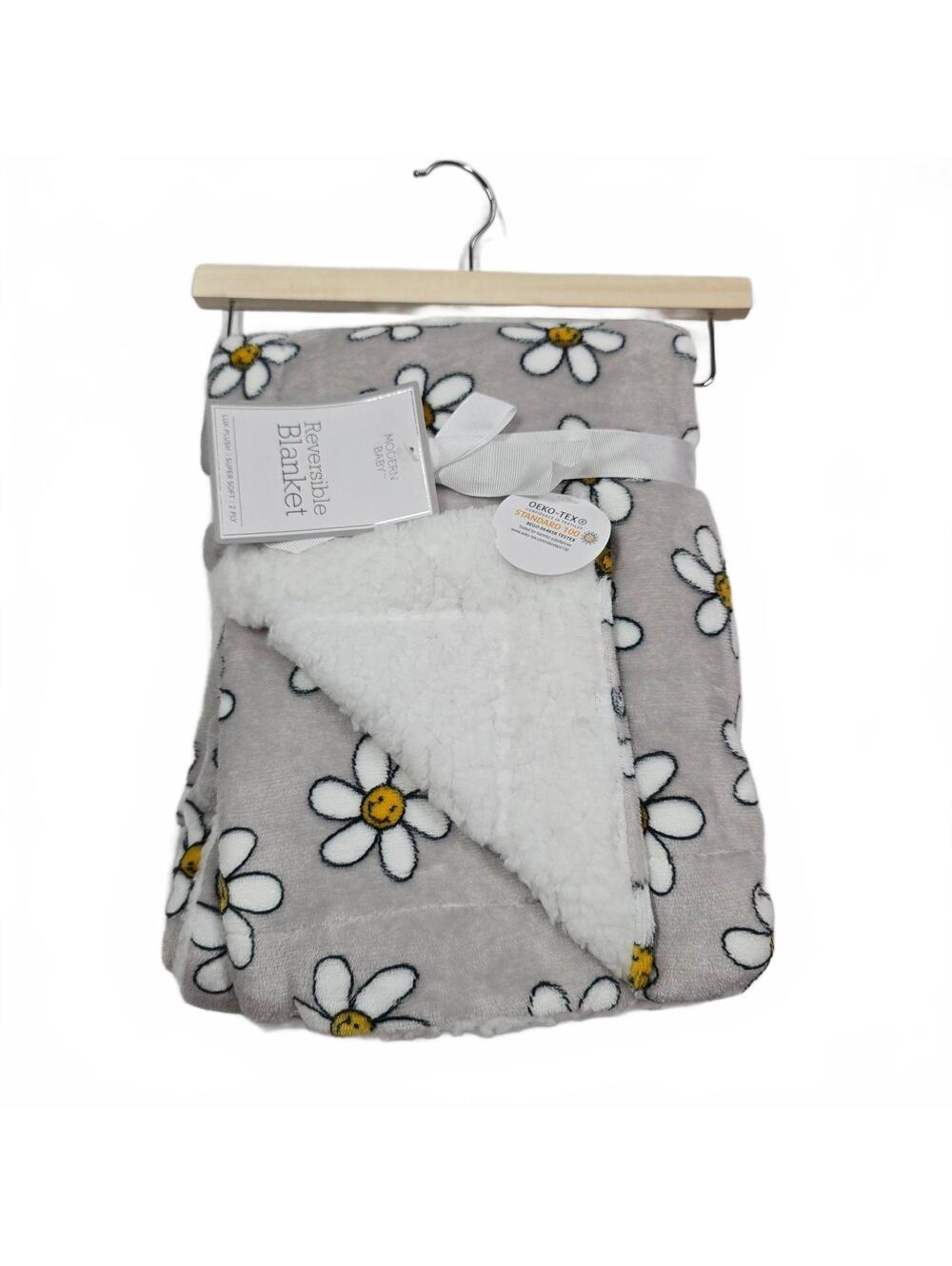 Modern Baby Blanket Gray Black White Smiling Smiley Flower Daisy Plush Sherpa